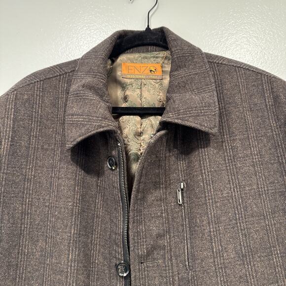 ENZO Tovare Jacket Men’s Large Brown Check Wool Blend Lined Button Front Coat - Picture 3 of 11